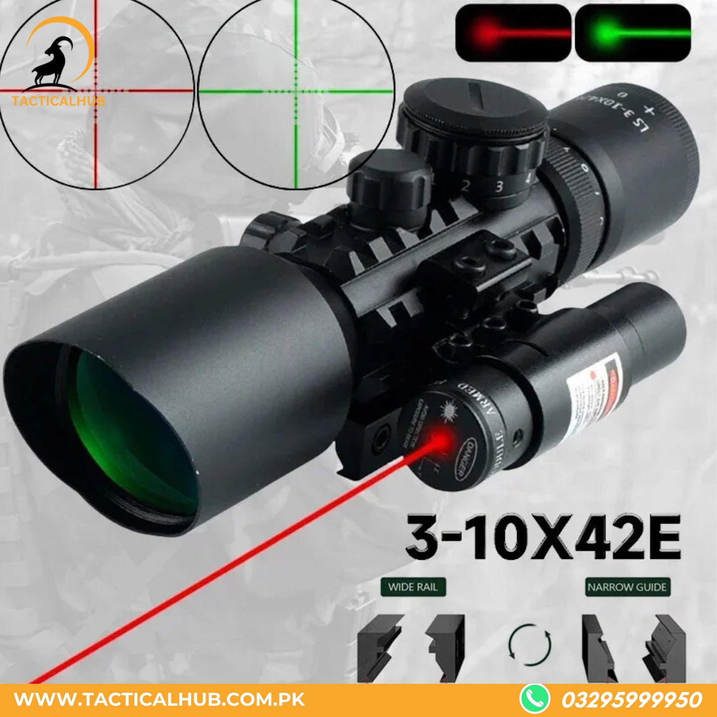Enhanced Rifle Scope With Laser, 3-10x42