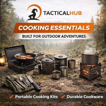 TacticalHub outdoor cooking essentials collection including portable cooking kits, durable cookware, camping stove, and utensils designed for outdoor adventures and camping.