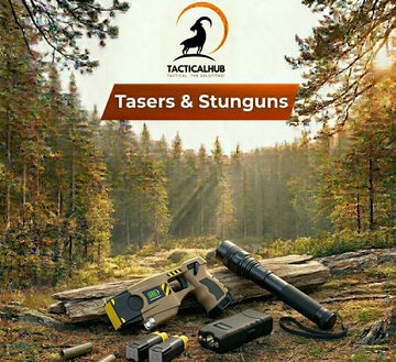 TacticalHub knives and tasers including tactical folding knife, credit card knife, pocket stun gun, and flashlight taser displayed with brand logo and website on grey background.