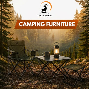 TacticalHub travel camping furniture including foldable camouflage chairs and portable camping tables displayed with brand logo and website on grey background.