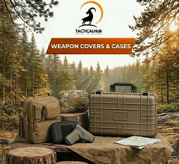 TacticalHub weapon case covers including tactical backpacks and carrying bags in black and tan colors displayed with logo and website text on grey background.