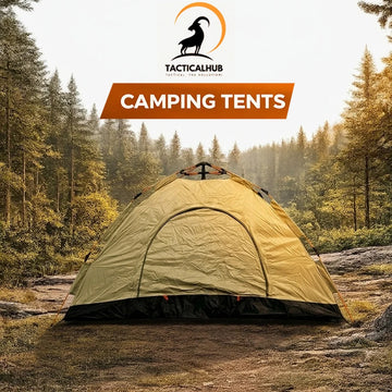 TacticalHub Camping Tents Collection promotional banner featuring four outdoor tents set in a forest campsite with camping gear, highlighting durable, waterproof, quick setup, and adventure-ready features in bold orange and black branding.