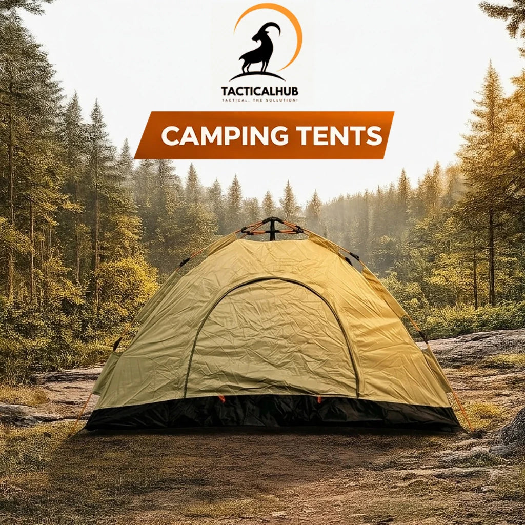 TacticalHub Camping Tents Collection promotional banner featuring four outdoor tents set in a forest campsite with camping gear, highlighting durable, waterproof, quick setup, and adventure-ready features in bold orange and black branding.
