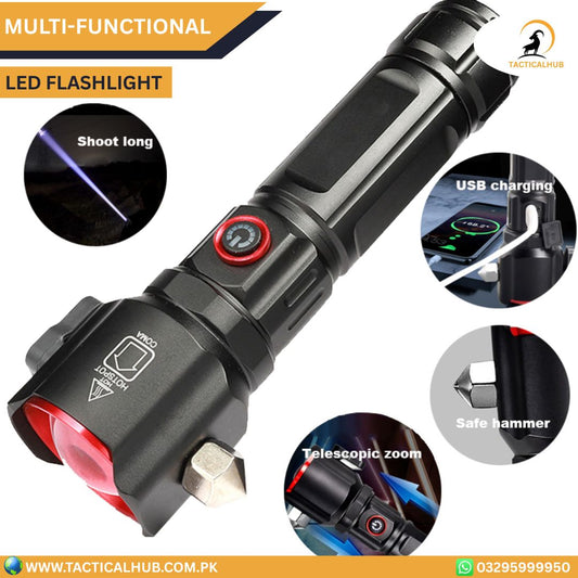 High-Power Multi-Functional LED Flashlight with Safety Hammer – 1KM Range