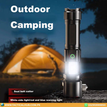 High-Power Multi-Functional LED Flashlight with Safety Hammer – 1KM Range