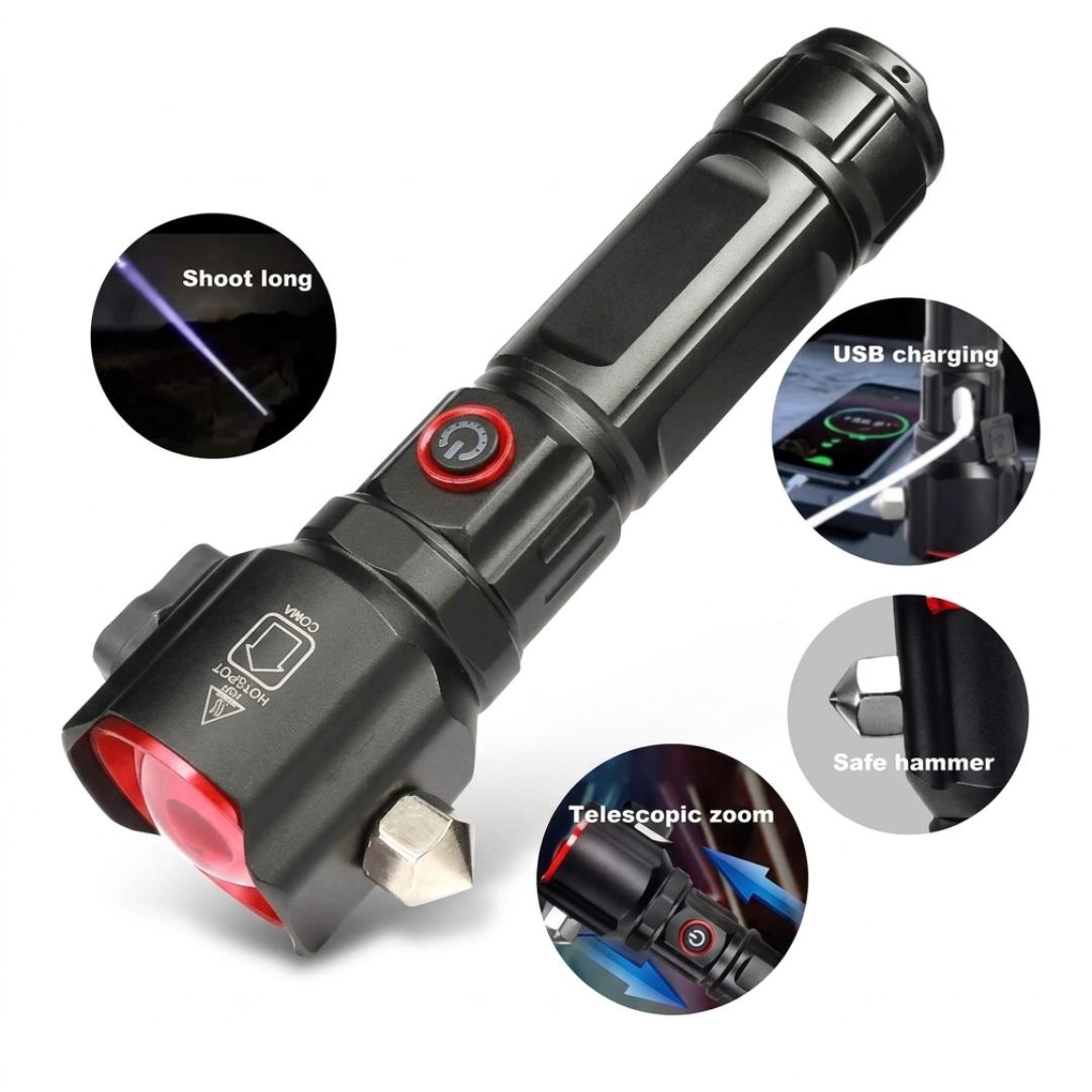 High-Power Multi-Functional LED Flashlight with Safety Hammer – 1KM Range