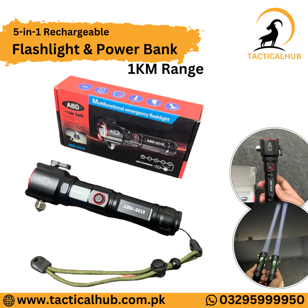 5-in-1 Rechargeable Flashlight & Power Bank - 1KM Range