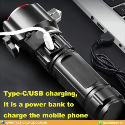 High-Power Multi-Functional LED Flashlight with Safety Hammer – 1KM Range