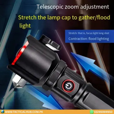High-Power Multi-Functional LED Flashlight with Safety Hammer – 1KM Range